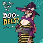 anthro asking asking_viewer big_breasts breasts candy cleavage clothed clothing costume curvy_figure dessert dialogue element_drop_shadow female fluffy food fur hat headgear headwear highlighted_text holidays huge_breasts humor joke magic_user october pun question talking_to_viewer text text_drop_shadow text_emphasis treat trick witch yes-no_question foxinuhhbox halloween arachnid arthropod bee canid canine canis domestic_dog fox hymenopteran insect mammal spider 1:1 absurd_res english_text hi_res