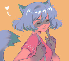 anthro blue_body blue_fur brown_body brown_fur clothed clothing female fur gloves_(marking) hair markings raised_tail short_hair simple_background smile smiling_at_viewer solo tail weedymeadowfawn brand_new_animal studio_trigger michiru_kagemori canid canine mammal raccoon_dog tanuki hi_res