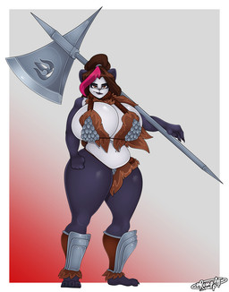 anthro armor axe big_breasts bra breasts clothed clothing curvy_figure female huge_breasts looking_at_viewer melee_weapon slightly_chubby solo standing thick_thighs tribal underwear voluptuous weapon rumpaf ikusame bear giant_panda mammal
