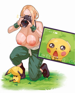 amazed ambiguous_gender areola awed big_breasts black_boots black_clothing black_footwear blonde_hair bodily_fluids boots bottomwear breasts camera clothed clothing cutaway drooling duo female feral footwear glistening glistening_breasts grass green_bottomwear green_clothing green_pants gym_leader hair huge_breasts light_body light_skin long_hair looking_at_another navel nipples open_mouth pants pink_areola pink_nipples plant saliva semi-anthro shoes simple_background surprised topless white_background wide_eyed yellow_body materclaws third-party_edit nintendo pokemon viola_(pokemon) generation_2_pokemon human mammal pichu pokemon_(species) hi_res
