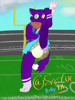anthro bodily_fluids cheerleader cheerleader_outfit cheerleader_pose diaper diaper_fetish feces football_field genital_fluids looking_at_viewer male one_leg_up presenting presenting_diaper raised_leg soiled_diaper soiling solo unclean_diaper urine used_diaper wetness_indicator srcfur rei_(restrixc) canid canine mammal 3:4 hi_res watermark
