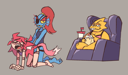 ambiguous_penetration blue_body blush breasts chair cleavage clothed clothing cuck_chair cuckquean doll_joints female female/female food furniture group hair joints kneeling looking_at_viewer looking_pleasured open_mouth penetration ponytail popcorn sex sex_toy simple_background sitting smug sofa strapon strapon_sex toying_partner trio aboredsnek_113 undertale_(series) alphys mad_mew_mew undyne animal_humanoid felid felid_humanoid feline feline_humanoid fish humanoid lizard mammal mammal_humanoid marine reptile scalie 2025