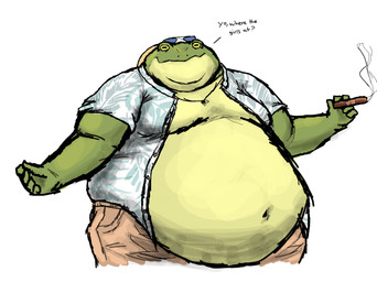 anthro belly belly_overhang big_belly chubby_cheeks cigar clothed clothing double_chin eyewear eyewear_on_head green_body hat headgear headwear holding_cigar holding_object male obese obese_anthro obese_male open_clothing open_shirt open_topwear overweight overweight_anthro overweight_male shirt simple_background solo sun_hat sunglasses sunglasses_on_head text topwear wearing_sunglasses comerboy75 amphibian frog 2023