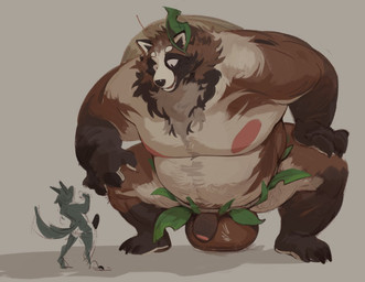 anthro areola balls belly big_areola big_balls big_belly black_penis blue_body blue_fur brown_body brown_fur brown_penis crouching duo flaccid foreskin front_view fur genitals gloves_(marking) grass_skirt huge_areola huge_balls humanoid_genitalia humanoid_penis leg_markings male male_anthro markings moobs open_mouth open_smile overweight overweight_anthro overweight_male penis size_difference smile socks_(marking) spread_legs spreading white_body white_fur darkgem canid canine mammal raccoon_dog tanuki