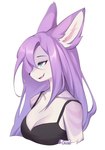 anthro biped blue_eyes breasts camisole cleavage clothed clothing collarbone fangs female fur hair hair_over_face long_hair looking_away open_mouth open_smile purple_body purple_fur purple_hair simple_background smile solo teeth white_background white_body white_fur bitterk4t canid canine fox mammal 2024 colored digital_drawing_(artwork) digital_media_(artwork) hi_res