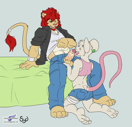 abs adolescent anthro ball_fondling balls bandage bed bedroom bottomwear clothed clothing clothing_lift denim denim_bottomwear denim_clothing duo erection facial_hair fellatio femboy fondling fur furniture genitals goatee hair jacket jeans licking long_hair male male/male male_penetrated male_penetrating male_penetrating_male on_bed on_ground open_mouth oral pants penetration penile penis penis_lick red_hair sex shirt shirt_lift simple_background sitting sitting_on_bed spread_legs spreading tail tan_body tan_fur text thick_penis tongue tongue_out topwear torn_clothing white_body white_fur young young_anthro young_male sydneysnake wolfblade bro_lion felid lion mammal mouse murid murine pantherine rodent colored url