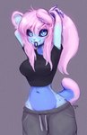 alternate_species anthro biped blue_body blue_fur bottomwear breasts clothed clothing crop_top fangs female fluffy fluffy_hair fur grey_background hair heart_eyes heart_symbol midriff mouth_hold navel pants pink_hair ponytail sabertooth_(anatomy) scene_haircut shirt short_tail simple_background slim_anthro slim_female solo sparklefur standing sweatpants tail teeth topwear tying_hair kolae kolae_(character) felid mammal prehistoric_species saber-toothed_tiger 2023 hi_res shaded signature