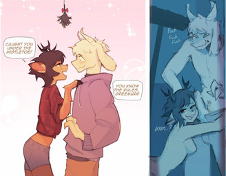 anthro blush bodily_fluids breasts caught_in_the_act dripping duo erection female genital_fluids genitals hug humanoid_genitalia humanoid_penis interspecies leaking_precum looking_at_another male male/female mistletoe nude penis pink_background plant precum precum_drip profanity simple_background small_antlers sparkles speech_bubble bwompfish deltarune undertale undertale_(series) asriel_dreemurr dess_holiday bovid caprine deer goat mammal new_world_deer reindeer