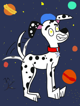 bean_mouth black_nose black_spots collar collar_tag cosmic_background feral floppy_ears fur male red_collar smile solo space space_background spots star_collar_tag star_eyes tail tail_motion tailwag toony white_body white_fur vampirevoltage 101_dalmatian_street 101_dalmatians disney dylan_(101_dalmatians) canid canine canis dalmatian domestic_dog mammal hi_res