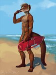 athletic balls circumcised flaccid genitals hair lifeguard looking_at_viewer male outside penis sea short_hair solo water whistle_(object) ulos12 mammal mustelid otter 2019 3:4 hi_res