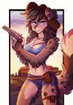 5_fingers anthro blue_eyes bottomwear breasts brown_hair cleavage clothed clothing cowboy_hat denim denim_clothing detailed_background female fingers gun hair hat headgear headwear holding_gun holding_object holding_ranged_weapon holding_weapon holster looking_at_viewer navel ranged_weapon shorts smile solo standing weapon ketty sheltie_(ragingphxp) canid canine canis domestic_dog herding_dog mammal pastoral_dog sheepdog shetland_sheepdog 2017 digital_media_(artwork) hi_res