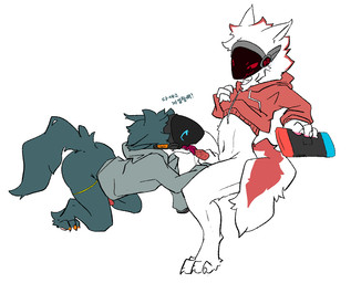 all_fours anthro anthro_on_anthro blue_body blue_fur bottomless bottomless_anthro claws clothed clothing duo fluffy fluffy_tail fur genitals hand_on_penis handjob holding_object hoodie hoodie_only licking looking_down looking_down_at_another looking_down_at_partner machine male male/male markings navel oral pawpads penile penis penis_lick protogen_visor red_markings sex simple_background sitting skinny_anthro skinny_male tail text tongue topwear topwear_only white_background white_body white_fur gagaga_ram nintendo nintendo_switch protogen korean_text