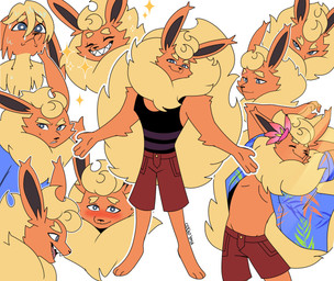 accessory aloha_shirt anthro blue_eyes blush bodily_fluids bottomwear clothing fangs flower flower_in_hair fur hair hair_accessory looking_at_viewer male open_mouth orange_body orange_fur pattern_clothing pattern_shirt pattern_topwear plant shirt shorts side_view simple_background solo sparkles sweat sweatdrop tank_top teeth topwear wet wet_body wet_fur white_background odeko-yma nintendo pokemon blitz_(odeko-yma) eeveelution flareon generation_1_pokemon pokemon_(species) 2025 absurd_res full-length_portrait hi_res model_sheet portrait signature