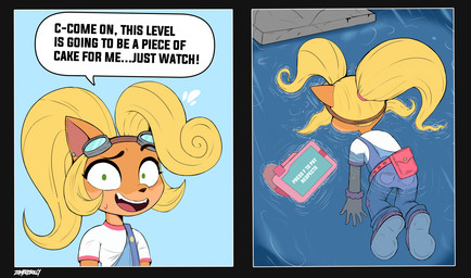 anthro asphyxiation blonde_hair bodily_fluids death dialogue drowned drowning ear_piercing female gameplay_mechanics hair nervous nervous_sweat partially_submerged piercing ryona solo sweat tablet text water zombiedolly activision crash_bandicoot_(series) coco_bandicoot bandicoot mammal marsupial comic english_text hi_res