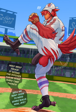 4_toes anisodactyl anthro avian_feet balls baseball_(sport) baseball_cap baseball_pitcher baseball_uniform big_balls big_penis black_penis bottomwear butt claws clothing feathers feet footwear foreskin genitals group hair hair_over_eyes hat hat_over_eyes headgear headwear humanoid_genitalia humanoid_penis male male_focus pants penis public public_exposure shoes silhouette solo_focus sport sportswear tail tail_feathers text toe_claws toeless_footwear toeless_shoes toes torn_bottomwear torn_clothing torn_pants uniform wardrobe_malfunction sellon avian bird cardinal_(bird) northern_cardinal oscine passerine english_text hi_res