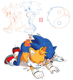 2_tails 5_fingers age_difference anal anal_penetration anthro anthro_on_anthro anthro_penetrated anthro_penetrating anthro_penetrating_anthro athletic belly big_butt big_ears black_nose blue_body blue_eyes blue_fur blue_line_art blush bodily_fluids buckle butt cheek_tuft chest_tuft clothing comparing comparison cuffs_(clothing) cum cum_drip doggystyle dominant dripping duo eye_contact facial_tuft fingers food footwear from_behind_position fruit fur genital_fluids gloves green_eyes hand_on_mouth handwear happy heart_symbol interspecies large_chest larger_dom looking_at_another looking_at_viewer looking_pleasured male male/male male_on_bottom male_on_top male_penetrated male_penetrating male_penetrating_male monoeye mostly_nude multi_tail older_male on_bottom on_top orange_line_art pear pecs penetration penile penile_penetration penis_in_ass plant precum quills_(anatomy) red_line_art sex shadow shoes side_view simple_background size_difference smaller_penetrated smile smirk standing sweat tail tail_tuft tongue tremble_spikes tuft white_background yellow_body yellow_fur yin_yang young young_anthro young_male younger_male younger_penetrated gentoz sega sonic_the_hedgehog_(series) miles_prower sonic_the_hedgehog canid canine eulipotyphlan fox hedgehog mammal colored_line_art half-length_portrait hi_res portrait