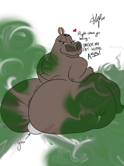 ambiguous_gender anthro big_butt butt dialogue duo facesitting fart fart_cloud fart_fetish farting_on_another female green_fart_cloud huge_butt looking_back nude sitting sitting_on_another smile text olslappo02 jimmitov_(colorist) dreamworks madagascar_(series) gloria_(madagascar) ych_(character) ambiguous_species common_hippopotamus hippopotamid mammal 3:4 english_text hi_res signature