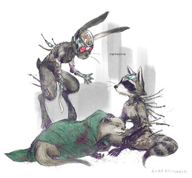 ambiguous_gender anthro biped black_body black_fur blood bodily_fluids brain cybernetic_arm cybernetic_eye cybernetic_face cybernetic_limb cybernetics eyewear facial_markings fur goggles group head_markings machine markings mask_(marking) nude organs ring_(marking) ringed_tail simple_background sitting striped_markings striped_tail stripes tail tail_markings text whiskers wire aortdn guardians_of_the_galaxy marvel blackjack_o'hare lylla_(marvel) rocket_raccoon cyborg lagomorph leporid mammal mustelid otter procyonid rabbit raccoon