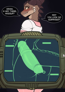 anal anal_penetration anthro biped blush brown_body brown_scales butt clothed clothing dialogue dildo dildo_in_ass dildo_insertion eyebrows femboy horn looking_back male object_in_ass penetration question_mark rear_view scales sex_toy sex_toy_in_ass sex_toy_insertion solo speech_bubble spikes spikes_(anatomy) teeth text x-ray_view oro97 fallout microsoft deathclaw scalie 2025 english_text hi_res