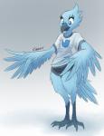 anthro beak black_beak blue_body blue_eyes blue_feathers bottomwear clothed clothing eyelashes feathered_wings feathers female gradient_background looking_down shirt shorts simple_background solo standing topwear twitter_logo wings garrts twitter tweetfur avian bird 2019 digital_media_(artwork) meme signature