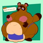 anthro apron balls big_balls big_moobs blue_apron blue_clothing blue_eyes brown_body brown_ears brown_fur brown_nose brown_tail clothing fur gameplay_mechanics genitals half-closed_eyes hand_on_belly hand_on_moob hand_on_own_belly huge_balls hyper hyper_balls hyper_genitalia male moobs morbidly_obese multicolored_body multicolored_ears multicolored_fur narrowed_eyes nipples obese obese_anthro obese_male overweight overweight_anthro overweight_male pink_nipples solo standing tail text text_box three-quarter_view two_tone_ears two_tone_tail itsme_hilo animal_crossing nintendo tom_nook_(animal_crossing) canid canine mammal raccoon_dog tanuki 2024 absurd_res digital_media_(artwork) english_text hi_res