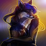 anthro black_body black_fur blue_hair breasts eyebrows eyelashes female fur hair nude simple_background smile solo yellow_eyes safiru canid canine fox mammal 1:1 2022 digital_media_(artwork) hi_res