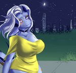 anthro city city_background clothed clothing curvy_figure female hair happy looking_at_viewer moon night outside simple_background smile solo tail wind sinna_roll mythology rose_sunsprite dragon mythological_creature mythological_scalie scalie absurd_res digital_media_(artwork) hi_res