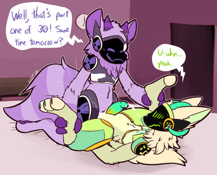 2_horns 3_fingers 3_toes anal anal_orgasm anal_penetration anthro anthro_on_anthro anthro_penetrated anthro_penetrating anthro_penetrating_anthro anvil_position bent_arm bent_legs black_body black_fur blush bodily_fluids bottomwear claws clock clothing cum cum_from_ass cum_in_ass cum_inside cum_on_chest cum_on_face cum_on_own_face cum_on_penis cum_on_self cumshot curled_horn cybernetics dialogue duo ejaculation electronics erection extended_arms fangs feet fingers fluffy fluffy_tail from_front_position fur genital_fluids genitals grabbing_both_ankles grabbing_both_legs green_body green_claws green_clothing green_eyes green_fur green_horn green_legwear green_penis grey_clothing grey_topwear hands-free hands_on_ankles hands_on_legs headphones heart_symbol horn humanoid_genitalia humanoid_penis inside intraspecies kneeling legs_up legwear lying machine male male/male male_penetrated male_penetrating male_penetrating_male markings motion_lines musical_note musical_symbol no_pupils on_back orange_bottomwear orange_clothing orange_penis orgasm pawpads penetration penis pupils purple_body purple_eyes purple_fur purple_pawpads purple_penis purple_stripes sex sitting smile speech_bubble spread_legs spreading striped_body striped_fur striped_horn striped_markings striped_tail stripes symbol tail tail_markings tan_body tan_fur teeth text thrusting toe_claws toes topwear unusual_pupils wariza white_clothing white_topwear ultilix ravi_the_protogen violet_the_protogen protogen 2020 english_text hi_res