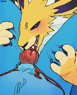 ambiguous_gender bite blood blood_from_penis blood_in_mouth blush bodily_fluids genital_mutilation genital_torture genitals gore gore_focus male mutilation open_mouth oral oral_penetration penetration penis penis_bite saliva scratch mothaala nintendo pokemon lazyzim_(mothaala) vodka_(mothaala) eeveelution generation_1_pokemon jolteon pokemon_(species) vaporeon absurd_res hi_res brother_(lore) brothers_(lore) incest_(lore) sibling_(lore)