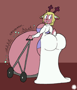 anthro antlers back_boob belly big_belly big_butt blonde_hair blue_pupils blush blush_lines bottomwear breasts bubble_butt bubble_emanata buckteeth butt clothing coat countershade_tail countershading curvy_figure emanata eyelashes female flash_emanata hair horn hourglass_figure huge_belly hyper hyper_belly inner_ear_fluff logo looking_back onomatopoeia pupils rear_view rumbling_stomach skirt small_waist solo sound_effects spherical_breasts tail teeth text topwear tuft wasp_waist thatdawgmurray deltarune undertale_(series) noelle_holiday deer mammal new_world_deer reindeer aliasing artist_logo artist_name digital_media_(artwork) hi_res signature