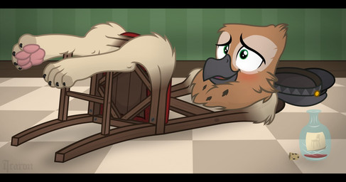 beak blush chair checkered checkered_floor claws clothing cork feet feral fur furniture furniture_transformation green_eyes hat headgear headwear hindpaw inanimate_transformation inside male mid_transformation pawpads paws pink_pawpads potion potion_bottle potion_label solo tan_body tan_fur toe_claws transformation icaron hasbro my_little_pony mythology arvid_(icaron) avian gryphon mythological_avian mythological_creature watermark