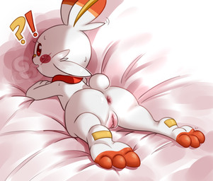 3_toes anthro anus arm_support bed biped blush blush_stickers bodily_fluids feet female fur furniture genitals hindpaw interrobang leaning_on_elbow looking_back lying multicolored_body multicolored_fur nude on_bed on_front orange_body orange_fur paws rear_view red_eyes solo sweat sweatdrop toes two_tone_body two_tone_fur vulva white_body white_fur young young_anthro young_female requestfaeg nintendo pokemon generation_8_pokemon pokemon_(species) scorbunny 2021 hi_res