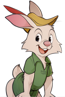 anthro buckteeth cheek_tuft clothed clothing facial_tuft fur fur_tuft green_clothing green_topwear headgear headwear monotone_body monotone_fur open_mouth open_smile pink_inner_ear smile solo teeth tongue topwear tuft young young_anthro dandi disney robin_hood_(disney) skippy lagomorph leporid mammal rabbit