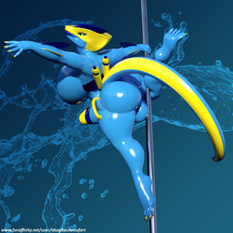 anthro balls blue_body blue_skin breasts genitals gynomorph intersex latex latex_body latex_skin non-mammal_breasts penis pole solo stripper_pole tail water yellow_body yellow_skin idsaybucketsofart mythology leviathan-29 cyber_dragon dragon mythological_creature mythological_scalie scalie 1:1 3d_(artwork) digital_media_(artwork) hi_res