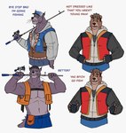 anthro baseball_cap belt bottomwear clothed clothing dialogue duo eyebrows fingerless_gloves fishing fishing_rod fur gloves hair handwear hat headgear headwear hoodie humor male muscular muscular_anthro muscular_male narrowed_eyes navel open_clothing open_mouth open_smile open_topwear open_vest pants pecs pouch_(clothing) profanity simple_background smile teeth text tongue topless topless_anthro topless_male topwear tuft vest whiskers white_background 7theaven bear binturong mammal viverrid 2022 absurd_res english_text hi_res meme