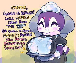 anthro anthrofied big_breasts black_clothing blue_text blush breasts closed_smile clothed clothed_anthro clothed_female clothing emanata exclamation_point eyelashes eyes_closed female female_anthro fully_clothed fully_clothed_anthro fully_clothed_female holding_object holding_tray maid_headdress maid_uniform master mouth_closed multicolored_body multicolored_clothing noseless pink_text pokemorph purple_blush purple_body purple_text question_mark serving_tray short_tail simple_background smile solo standing tail text two_tone_body two_tone_clothing uniform white_body white_clothing white_tail yellow_text ligma_(artist) nintendo pokemon generation_8_pokemon indeedee pokemon_(species) 2026 archived_source digital_drawing_(artwork) digital_media_(artwork) english_text handwritten_text hi_res portrait shaded soft_shading three-quarter_portrait