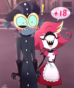 1_eye anthro apron bite biting_lip black_clothing black_coat black_gloves black_hair black_handwear black_topwear blue_sclera blush blush_lines blush_stickers bodily_fluids clothing coat constricted_pupils dress duo ear_fins exclamation_point eyelashes eyes_closed eyewear female fin freckled_face freckles glasses gloves hair hand_holding handwear lab_coat larger_male long_eyelashes maid_uniform male motion_lines nervous open_mouth open_smile pupils red_clothing red_dress red_hair shaking sharp_teeth short_hair size_difference small_pupils smaller_female smile sweat teeth thick_eyelashes topwear uniform wearing_glasses the-butcher-x hazbin_hotel hellaverse baxter_(hazbin_hotel) niffty_(hazbin_hotel) anglerfish aquatic cyclops demon demon_humanoid fish humanoid 2026 absurd_res hi_res