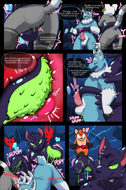 animal_genitalia animal_penis anthro antlers biped black_body black_claws blue_body blue_fur bottomwear claws clothed clothing dialogue erection exclamation_point feline_genitalia feline_penis fur genitals green_pawpads green_penis group hair horn male male/male nude overpowered pawpads penile_spines penis profanity size_difference sound_effects speech_bubble surprised tentacles text topless undressing vein veiny_penis sexotheque dungeons_and_dragons hasbro wizards_of_the_coast canid canine coeurl deer displacer_beast fox lemur mammal primate strepsirrhine 2024 2:3 absurd_res comic digital_media_(artwork) english_text hi_res multiple_scenes