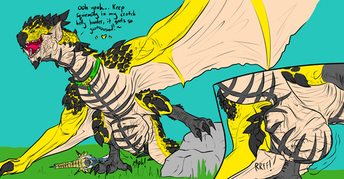abdominal_bulge anthro anthro_prey belly bowgun bulge crotch_lines crotch_shot detailed_bulge duo endosoma face_imprint fangs female feral feral_pred grin imprint male male_pred muffled oral_vore predator/prey prey_imprint prey_outline raised_foot safe_vore sagging sagging_belly same_size_vore scales smile smug soft_vore spikes spread_legs spread_wings spreading squirming stretchy_belly struggling struggling_prey teeth tight_belly tongue vore willing_prey wings conditional_dnp samagthrav2 capcom monster_hunter mythology derlik jolk dragon flying_wyvern mythological_creature mythological_scalie rath_wyvern rathalos scalie absurd_res hi_res