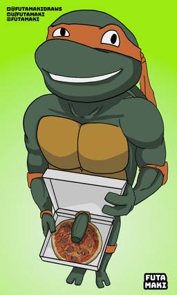 anthro bandana_on_head box container erection food genitals green_body green_skin humanoid_genitalia humanoid_penis male penis pizza pizza_box requesting_oral smile solo futamaki teenage_mutant_ninja_turtles teenage_mutant_ninja_turtles_(1987) michelangelo_(tmnt) reptile scalie turtle 3:5 hi_res