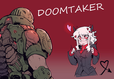 armor black_horn blush bodily_fluids breasts clothing drooling duo eyebrows female gesture hair heart_eyes heart_reaction heart_symbol horn looking_at_another male not_furry red_background saliva short_hair simple_background spade_tail suit sweat sweater tail tail_gesture tail_heart text topwear turtleneck white_body white_eyebrows white_hair white_skin karasu_chan doom_(series) helltaker id_software microsoft doom_slayer modeus_(helltaker) demon demon_humanoid human humanoid mammal crossover english_text hi_res