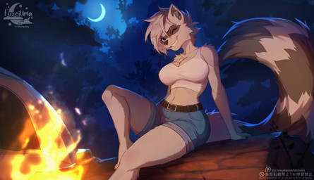 anthro biped bottomwear breasts campfire claws clothed clothed_anthro clothed_female clothing feet female fingers fire front_view fully_clothed fully_clothed_anthro fully_clothed_female fur hair looking_at_viewer navel sitting smile solo tail teeth tent toes topwear fleet-foot robin_raccoon mammal procyonid raccoon 2026 digital_drawing_(artwork) digital_media_(artwork)