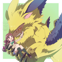 anthro brown_body brown_fur brown_hair duo female fur hair hug male orange_eyes size_difference smile text winged_arms wings yellow_body yellow_fur arucobare_no bandai_namco digimon digimon_ghost_game ruri_tsukiyono digimon_(species) human lamortmon mammal 1:1 english_text hi_res