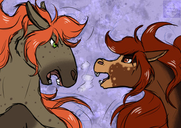 angry bared_teeth duo female female/female fight flared_nostrils hair long_hair pivoted_ears quarrel teeth arwenscoots conditional_dnp beryl_(arwenscoots) tayor_(arwenscoots) ardennes_draft_horse equid equine horse mammal