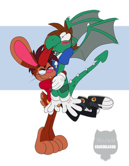 3_toes 4_fingers anthro big_feet big_tongue bottomwear cartoon_gloves clothing duo feet fingers footwear hoodie hug hugging_another long_tongue making_faces male male/male pants paws puffed_cheeks red_tongue shoes sneakers squeezing tail toes tongue tongue_out toony toony_expression topwear whiskers wings crocdragon89 mythology joshua_edgars_(crocdragon89) roderick_(tamerkoh) toon_joshua_edgars_(crocdragon89) dragon lagomorph leporid mammal mythological_creature mythological_scalie rabbit scalie absurd_res hi_res