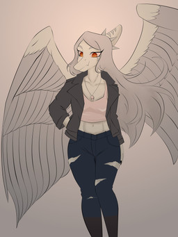 amber_eyes anthro blue_body bone bone_frill bottomwear breasts claws clothed clothed_anthro clothed_female clothing crop_top denim denim_bottomwear denim_clothing feathered_wings feathers female finger_claws fingers frill_(anatomy) front_view grey_body grey_clothing grey_feathers grey_hair grey_jacket grey_topwear hair hand_in_pocket humanoid_hands jacket jeans jewelry long_hair markings midriff navel necklace non-mammal_breasts non-mammal_navel open_clothing open_jacket open_topwear pants pink_clothing pink_crop_top pink_shirt pink_topwear pockets shirt simple_background skull small_breasts smile solo standing striped_markings stripes tan_background topwear torn_bottomwear torn_clothing torn_pants wings louiss. cavemanon_studios goodbye_volcano_high ko_op_(game_developer) snoot_game fang_(gvh) prehistoric_species pterosaur reptile scalie 3:4 absurd_res colored hi_res portrait three-quarter_portrait