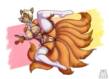 9_tails anthro bdsm bedroom_eyes belt big_breasts bondage bound breasts clitoral_hood clitoris clothing feet female fingers fur genitals hair hair_over_eye holding_leg legwear licking licking_lips licking_own_lips mostly_nude multi_tail narrowed_eyes nipple_covers one_eye_obstructed open_mouth restraints rope rope_belt rope_bondage rope_harness seductive self_lick simple_background solo spread_legs spreading stockings tail tongue tongue_out vulva mlock canid canine fox mammal digital_media_(artwork) hi_res