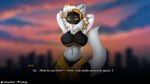 :3 armor belly blurred_background dialogue female fur grey_ears inner_ear_fluff looking_at_viewer machine markings muscular muscular_female neck_tuft orange_markings protogen_visor raised_arms raised_tail smile smiling_at_viewer solo standing tail talking_to_viewer text text_box thick_thighs tuft visual_novel_interface white_body white_fur sokoyo_owo my_furry_protogen juno_(my_furry_protogen) protogen 16:9 english_text hi_res widescreen