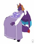 anthro belly big_belly blue_eyes blue_nose blue_tongue blue_wings cheek_tuft clothed clothing costume dipstick_tail dress facial_tuft feathered_wings feathers female fur glistening glistening_eyes hair huge_belly logo markings open_mouth orange_hair pregnant pregnant_anthro pregnant_female purple_body purple_clothing purple_dress purple_fur purple_wings red_eyes simple_background solo standing tail tail_markings tongue tuft white_background wings milk-jug undertale_(series) angel_saxon toriel canid canine mammal 2022 artist_logo colored digital_drawing_(artwork) digital_media_(artwork) english_description