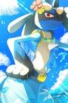 anthro clothed clothing eyewear eyewear_on_head flower flower_accessory looking_at_viewer male open_clothing open_topwear outside plant red_eyes sea sky smile solo sunglasses sunglasses_on_head swimming_trunks swimwear topwear translucent translucent_clothing water wet yuu777hh nintendo pokemon generation_4_pokemon lucario pokemon_(species) hi_res